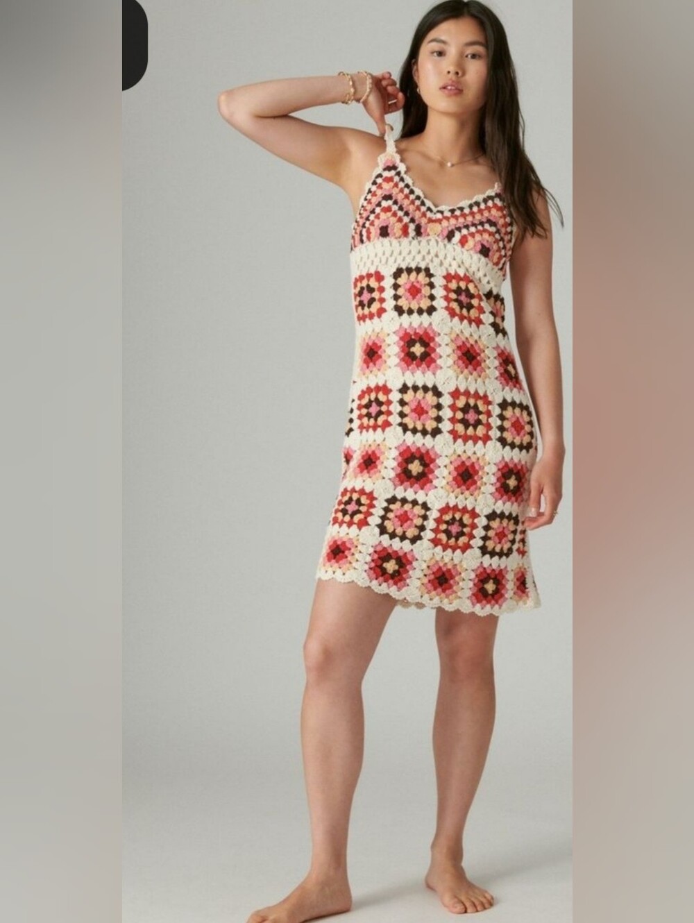 Lucky Brand Crochet Granny Square Sheath Boho Hippy Y2K Dress